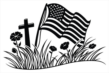Minimalist silhouette of a battlefield cross with flowing American flag and wild poppies