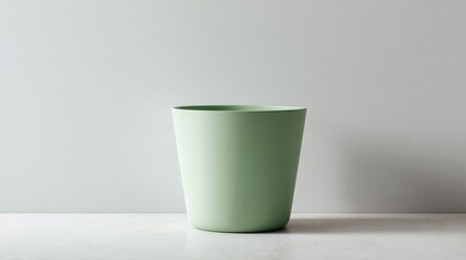 minimalistic image of single recycling bin against clean white wall with ample copy space for text