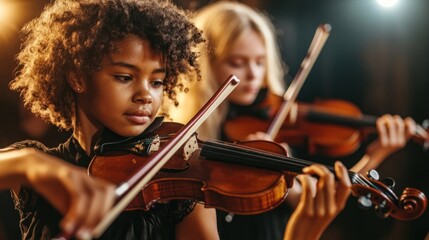 Fototapeta premium Girls playing the violin performance musicians concert.