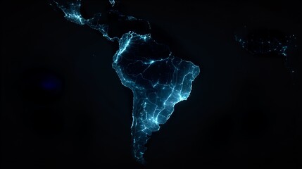 Latin America Map Blue Color Palette Glowing Stylized Cartography Geographical Illustration Political Borders Regional Overview Topographical Detail Travel Destination Guide lowercase
