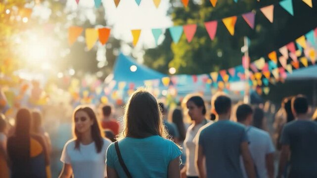 Vibrant outdoor festival scene with colorful banners and crowds enjoying