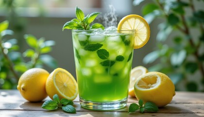 green drink with mint and lemon, iced clear cup, vibrant refreshment look