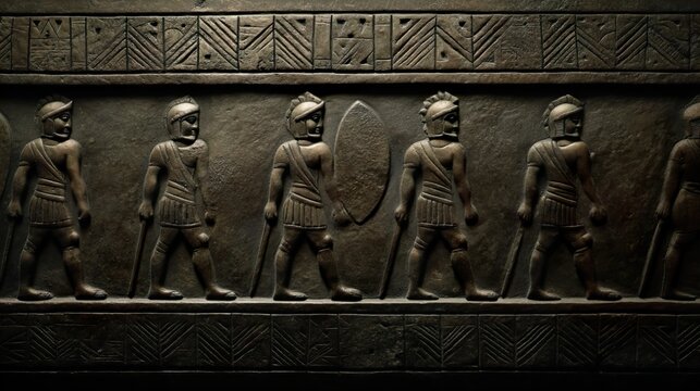 Metalwork patterned warriors enigmatic godlike figures ancient armor fantasy characters mythical beings strength power decorative design lowercase
