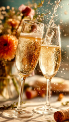 Bubbling glasses capture a moment of celebration as liquid pours, creating an effervescent dance against a backdrop of floral elegance.