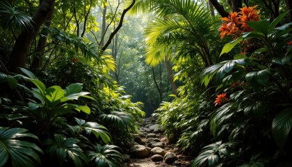 lush palm leaves, red green yellow jungle aesthetic, tropical jungle density