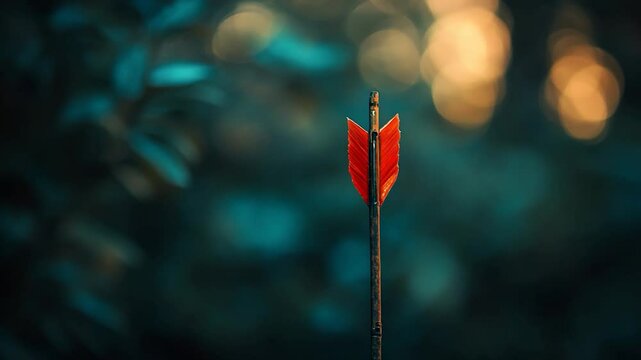 Vibrant red arrow piercing a blurred forest background at dusk