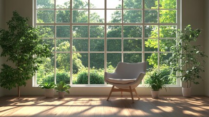 A 3D illustration of a living room featuring a stunning view of majestic mountains.