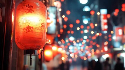 Vibrant red lanterns illuminating a bustling street scene at night