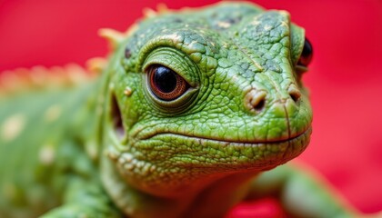 Obraz premium green crested lizard, Bronchocela cristatella, close up on vivid background