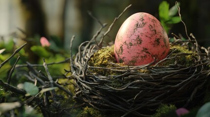 Pink Speckled Egg in Rustic Nest: A Serene Nature Still Life
