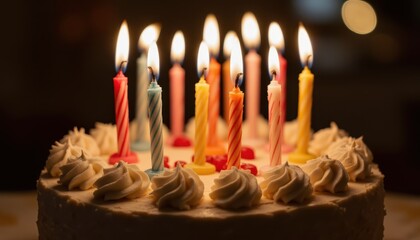 birthday cake with candles, holiday sweet treat, celebration lighting
