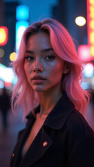 Fototapeta premium A young woman with vibrant pink hair in a cityscape at night, bathed in neon lights, conveying a sense of urban sophistication and modern style