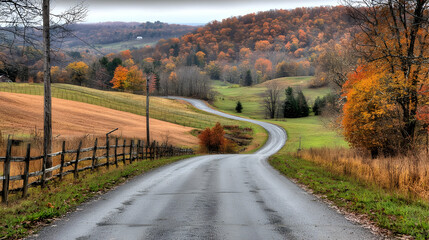Fototapeta premium Autumn Country Road With Winding Path And Colorful Foliage