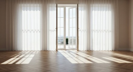 Obraz premium An open balcony door and sheer curtains fill the room with sunlit shadows and soft light.