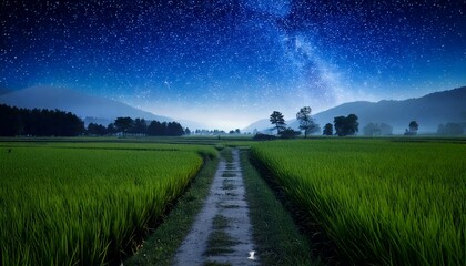 Japanese Countryside Under the Starry Summer Sky – Rice Fields and Rural Path at Night