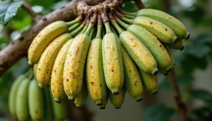 dew covered bananas on branch, tropical freshness detail