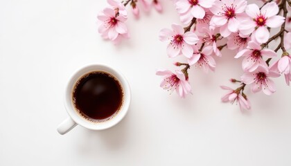 cherry blossom with coffee cup, white surface, spring  moment