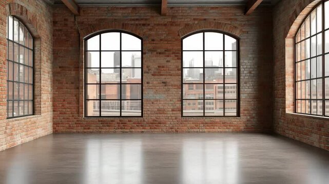 An industrial room features exposed brick walls and large windows that provide a view of the urban skyline during daylight hours