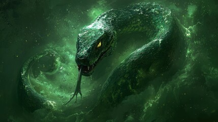 Giant green snake in a mystical, swirling nebula
