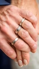 Close-up of hands wearing wedding rings, symbolizing love and commitment. A special moment of unity and shared future.