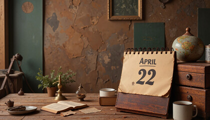 Calendar displaying April 22 on rustic wooden table