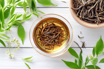 Earth-Toned Serenity: Overhead View of Roasted Hojicha Green Tea in Ceramic Cup

