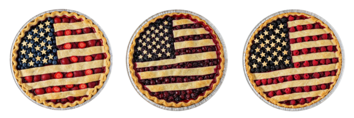 Flat lay, Patriotic pies, USA flag design made of fresh berries. Symbol of celebration, national pride, summer holidays, American tradition, festive food concept. Isolated, transparent backdrop
