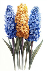 Vibrant Yellow and Blue Hyacinths in Delicate Watercolor on Crisp White

