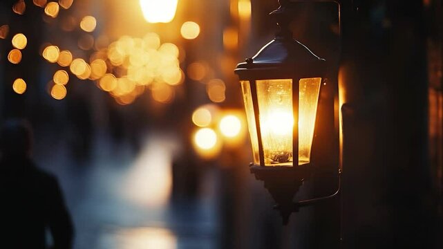 Warm glow of a vintage lantern illuminating a cobblestone street at dusk