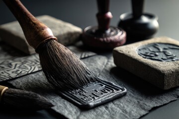 A collection of traditional Chinese calligraphy tools.