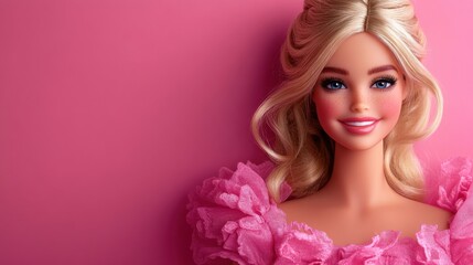 Naklejka premium A blonde doll in a pink dress, smiling, sitting on a plain pastel pink background
