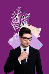 Poster art collage of person with messy lines complex thoughts over purple background