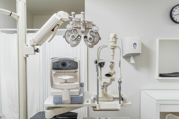 Modern optometry suite complete eye examination equipment configuration.