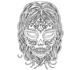 Ornate Linear Skull Design with Flowing Hair