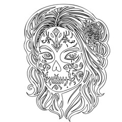 Elegant Sugar Skull Lady in Floral Line Art Style