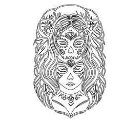 Decorative Calavera Girl with Flowing Line Art