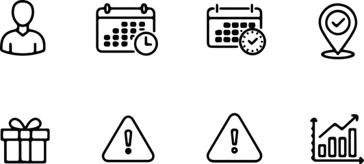 Eight simple outline icons depict user, scheduled dates, verified location, gift, warnings, and growth