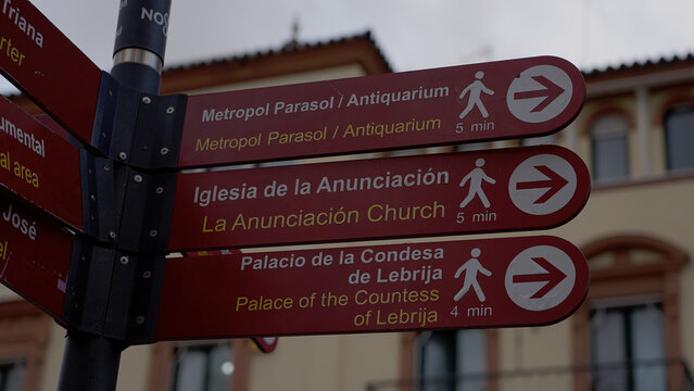 Seville Tourist Signs Showing Metropol Parasol, La Anunciacion Church and Palace of the Countess of Lebrija - SEVILLE, SPAIN - MARCH 25, 2025