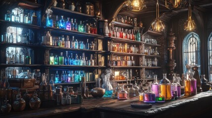 A 3D rendering of a laboratory room featuring an array of potion bottles.