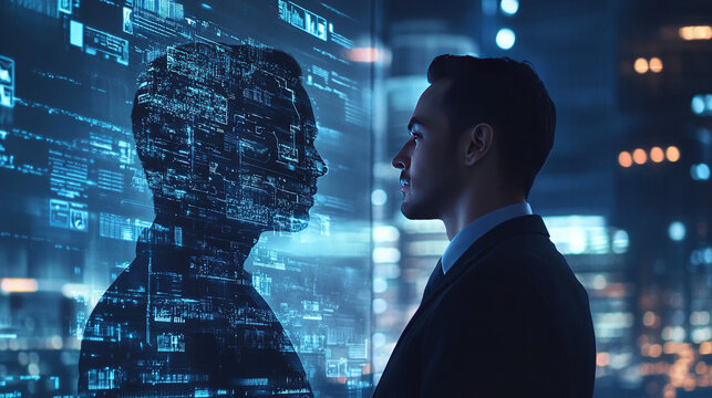 Businessman contemplating the future represented by a digital interface reflection