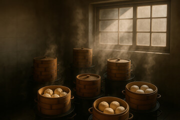 Sunlight filters through a window into a steamy kitchen filled with bamboo steamers stacked high, revealing freshly steamed buns