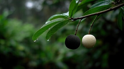 Two lychees presented in deep black and pure white colors a study in contrast and texture lowercase
