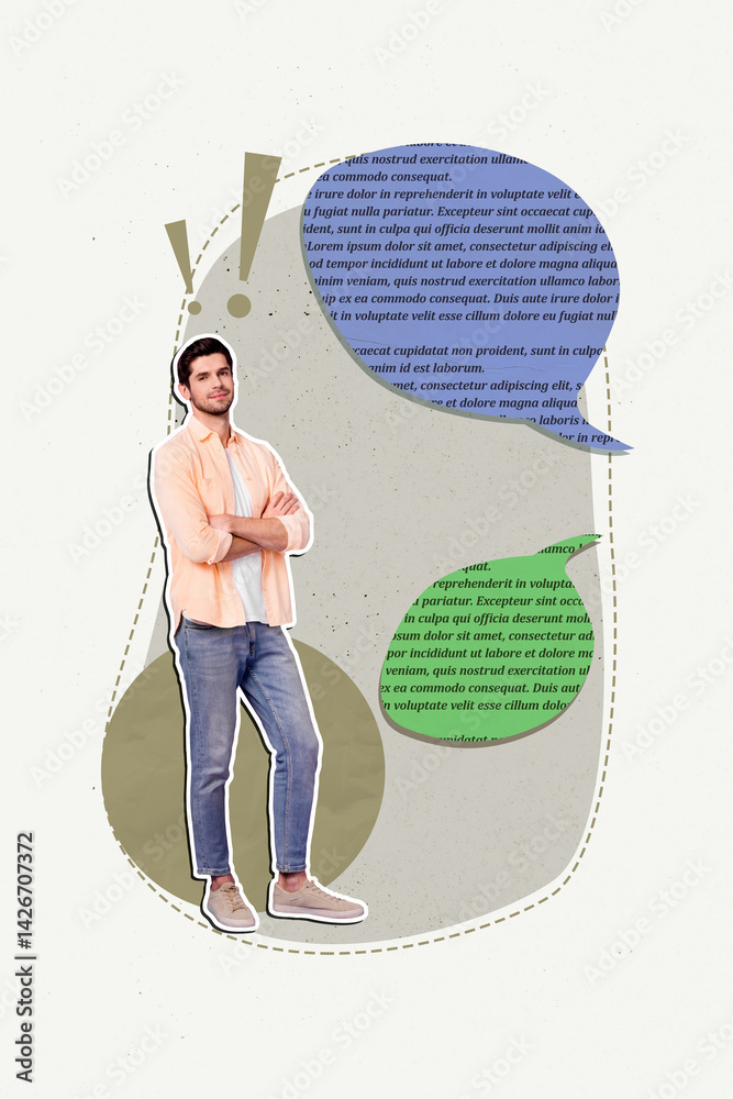 Poster Vertical sketch image photo collage of happy girl guy receive notification dialogue chatting icon message tell cloud conversation