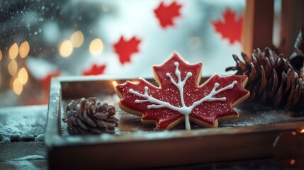 Maple leaf cookie with red and white icing on a wooden tray, celebrating Canada Day with festive charm.