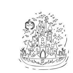 Outlined Haunted Castle with Flying Bats for Halloween