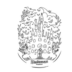 Halloween Castle with Bats Line Art Design