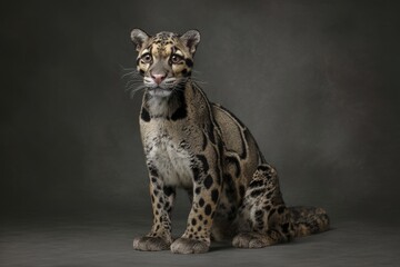Naklejka premium A clouded leopard sits serenely against a neutral backdrop.