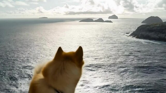 Akita Dog Contemplating Ocean View from Coastal Cliff