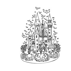 Naklejka premium Spooky Halloween Castle with Carved Pumpkins Art