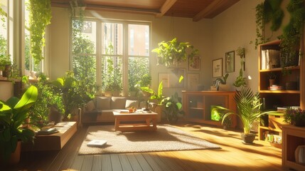 Fototapeta premium A 3D-rendered living room bathed in sunlight, featuring natural elements such as wooden floors, green plants, and earthy textures.